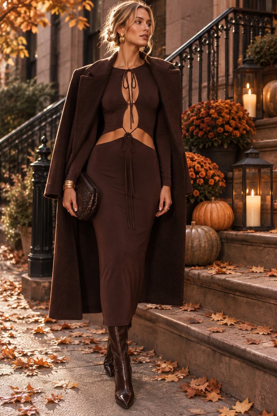 Aya Muse Perugia Chocolate Brown Cutout Tie Front Midi Dress long sleeve size L